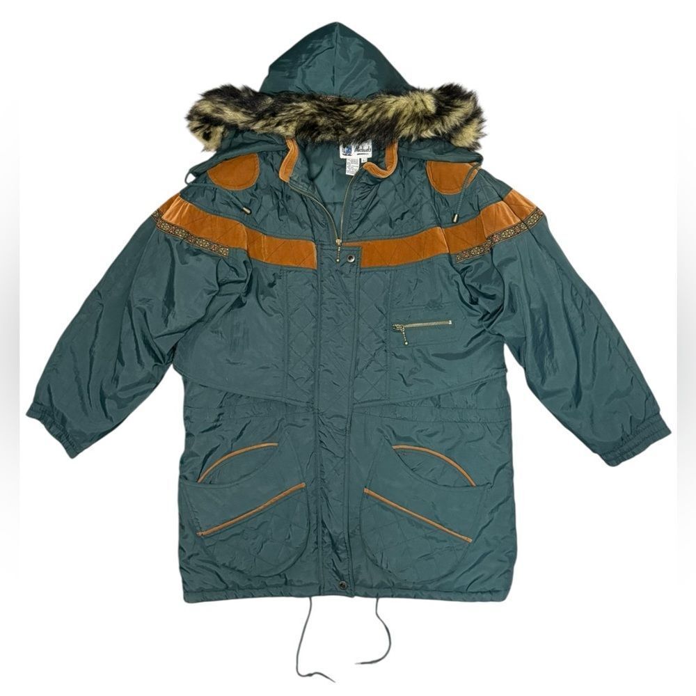Vintage Julia Michaels Women’s Large Parka Coat Dark Green Suede Accents 90s